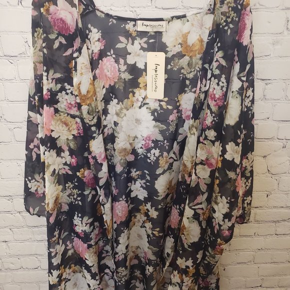 Shop Impressions Floral Kimono Overlay Sz L - Picture 3 of 7